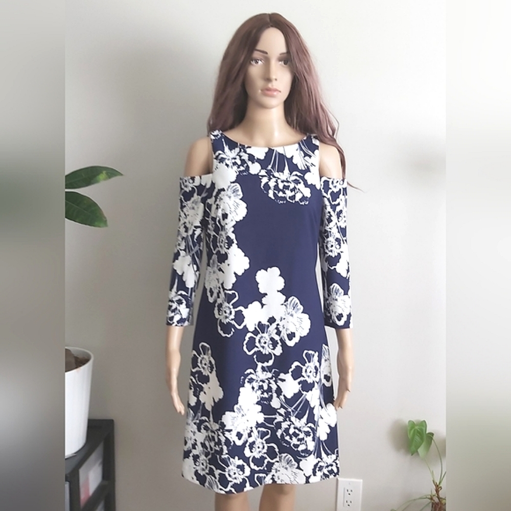 Eliza J dress navy blue white floral print cold shoulder long sleeves midi
